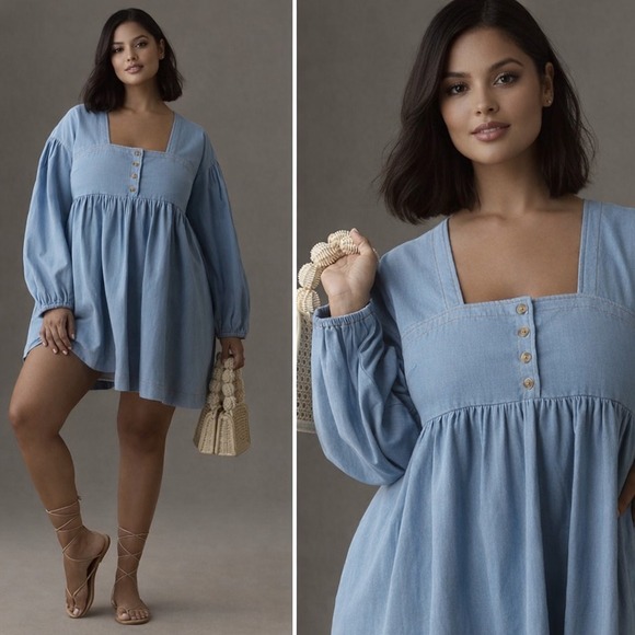 Anthropologie Dresses & Skirts - Anthropologie Blue Denim Square Neck Puff Sleeve Babydoll Dress Top 1X pockts